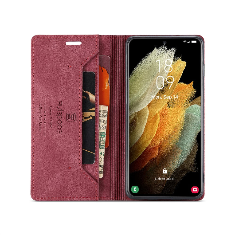 AUTSPACE A01 Series for Samsung Galaxy S21 Ultra 5G Leather Case Wallet RFID Blocking Cover