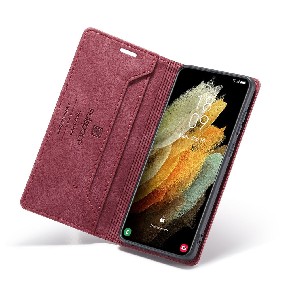 AUTSPACE A01 Series for Samsung Galaxy S21 Ultra 5G Leather Case Wallet RFID Blocking Cover