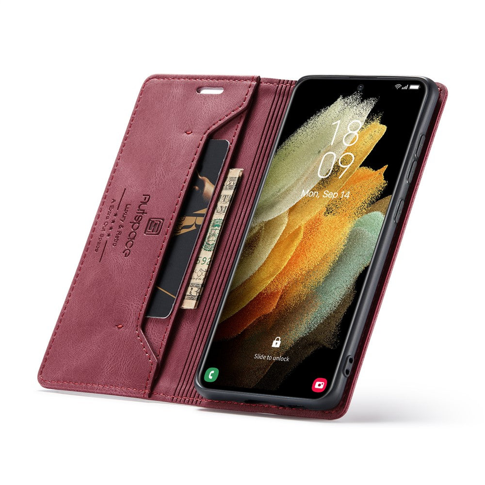 AUTSPACE A01 Series for Samsung Galaxy S21 Ultra 5G Leather Case Wallet RFID Blocking Cover