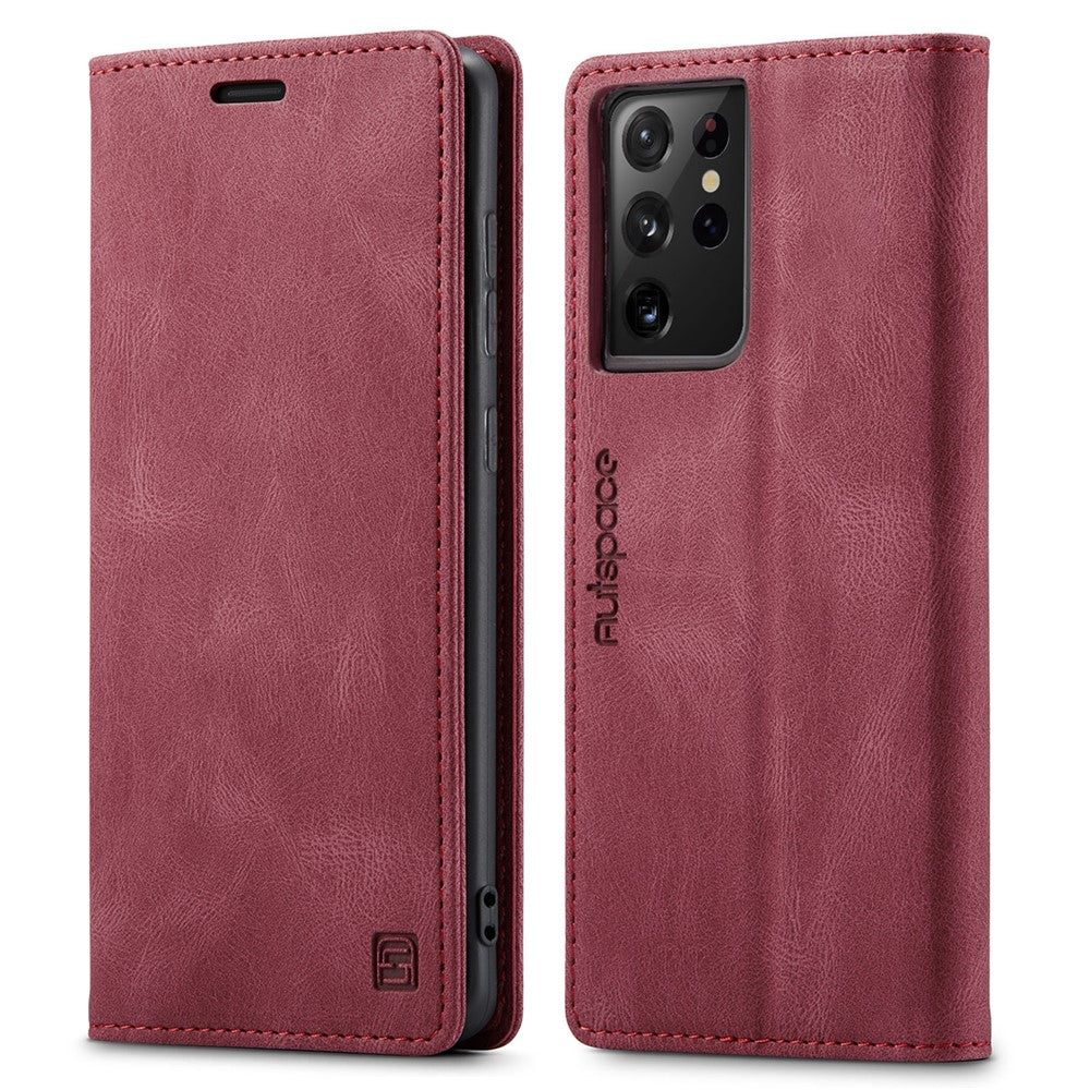 AUTSPACE A01 Series til Samsung Galaxy S21 Ultra 5G Læderpung RFID Blokerende Cover