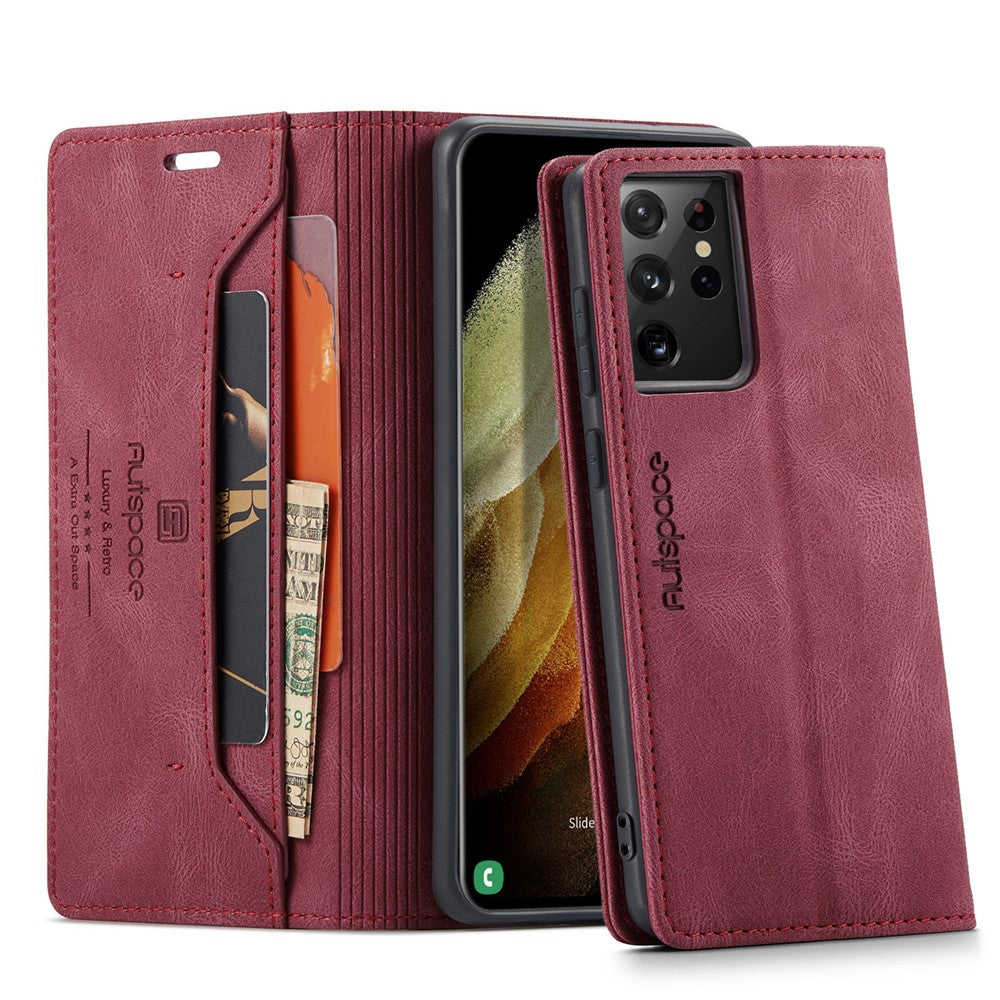 AUTSPACE A01 Series for Samsung Galaxy S21 Ultra 5G Leather Case Wallet RFID Blocking Cover