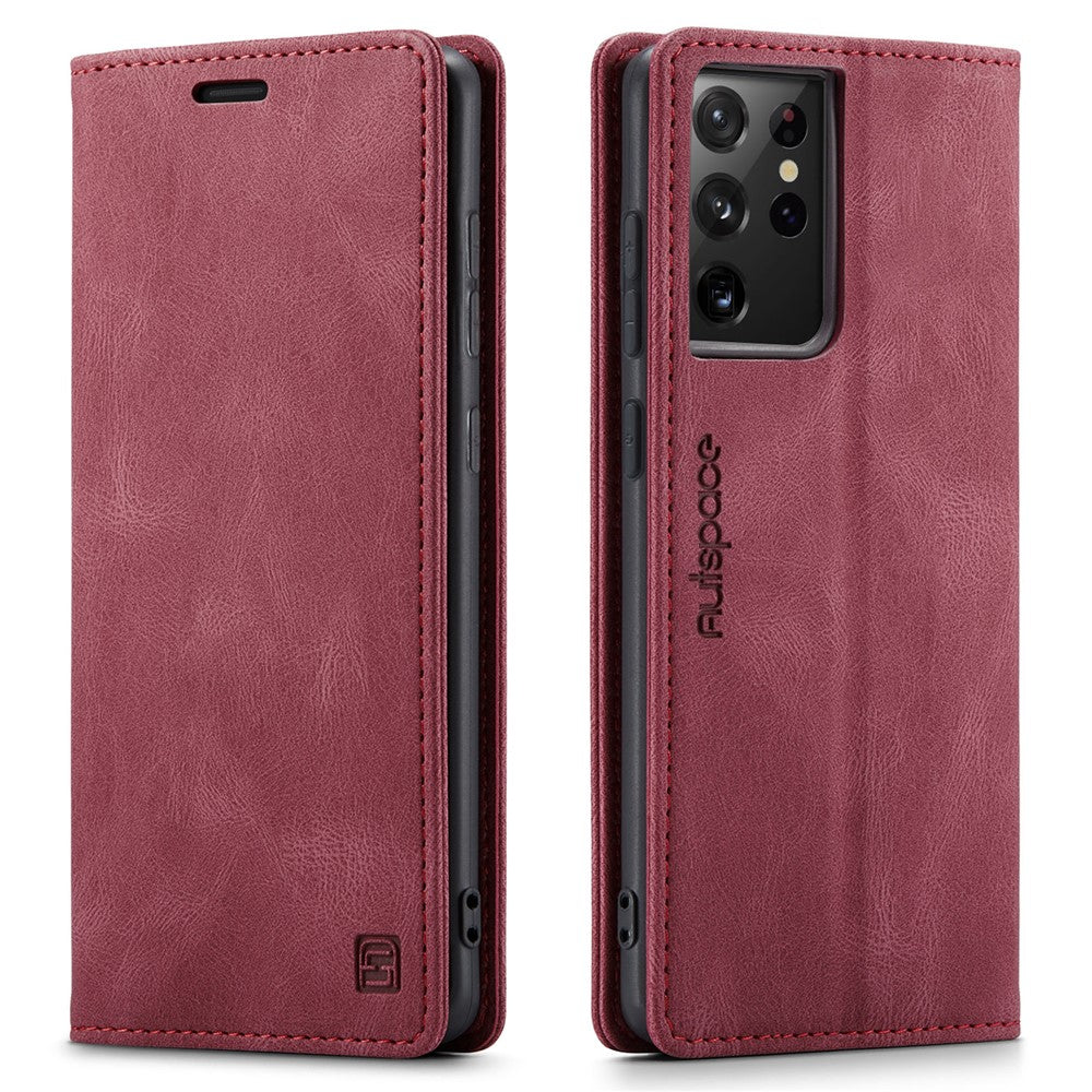 AUTSPACE A01 Series for Samsung Galaxy S21 Ultra 5G Leather Case Wallet RFID Blocking Cover