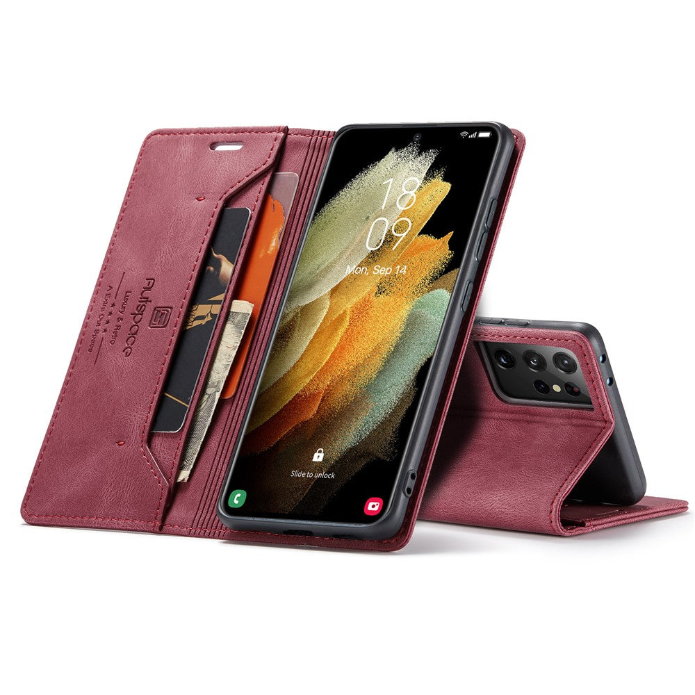 AUTSPACE A01 Series for Samsung Galaxy S21 Ultra 5G Leather Case Wallet RFID Blocking Cover