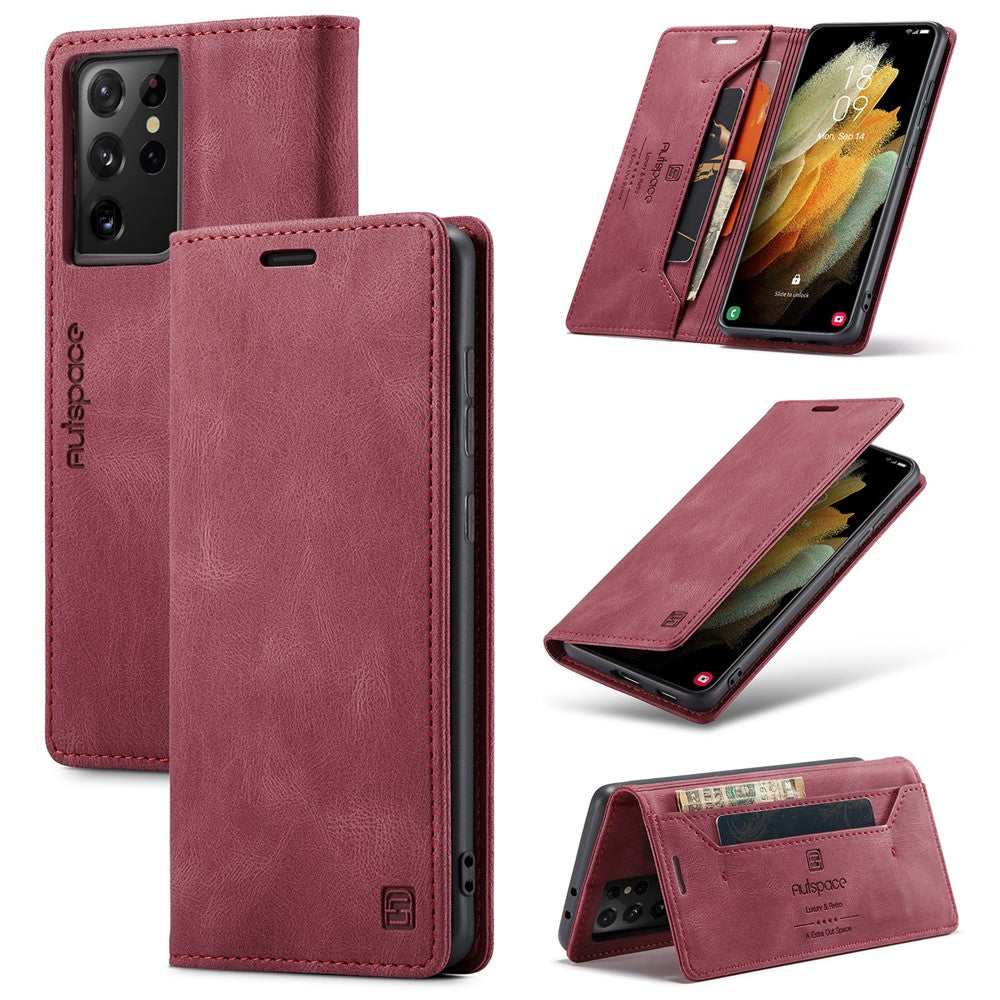 AUTSPACE A01 Series for Samsung Galaxy S21 Ultra 5G Leather Case Wallet RFID Blocking Cover