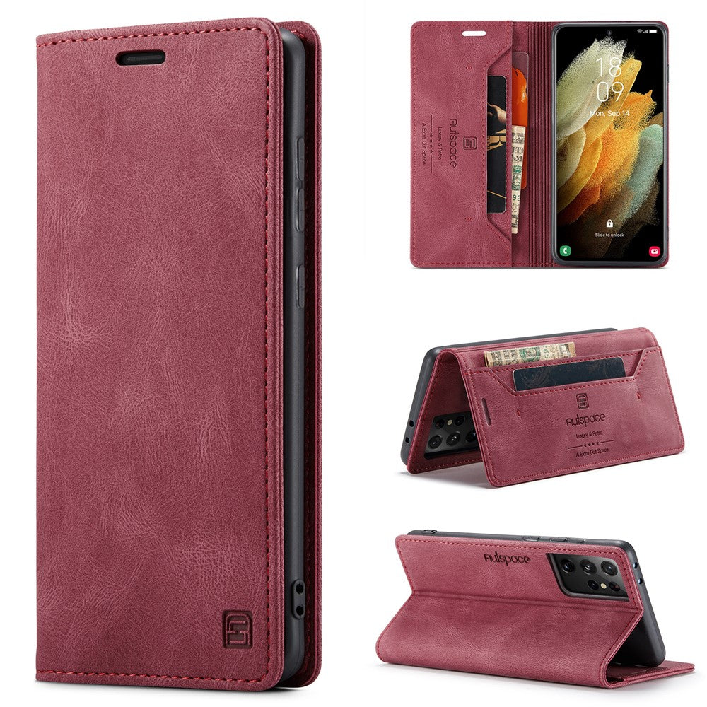 AUTSPACE A01 Series for Samsung Galaxy S21 Ultra 5G Leather Case Wallet RFID Blocking Cover