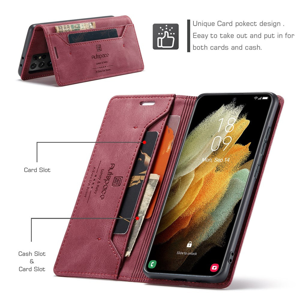 AUTSPACE A01 Series til Samsung Galaxy S21 Ultra 5G Læderpung RFID Blokerende Cover