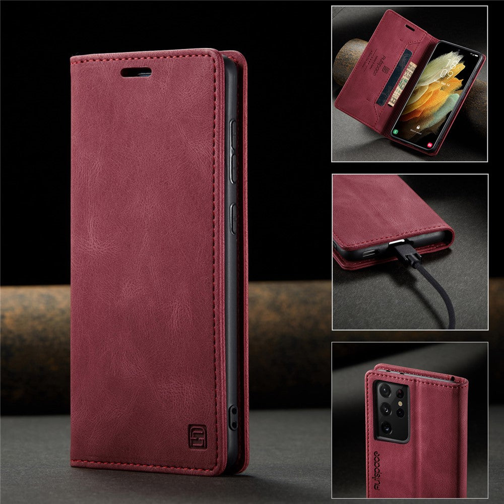AUTSPACE A01 Series for Samsung Galaxy S21 Ultra 5G Leather Case Wallet RFID Blocking Cover