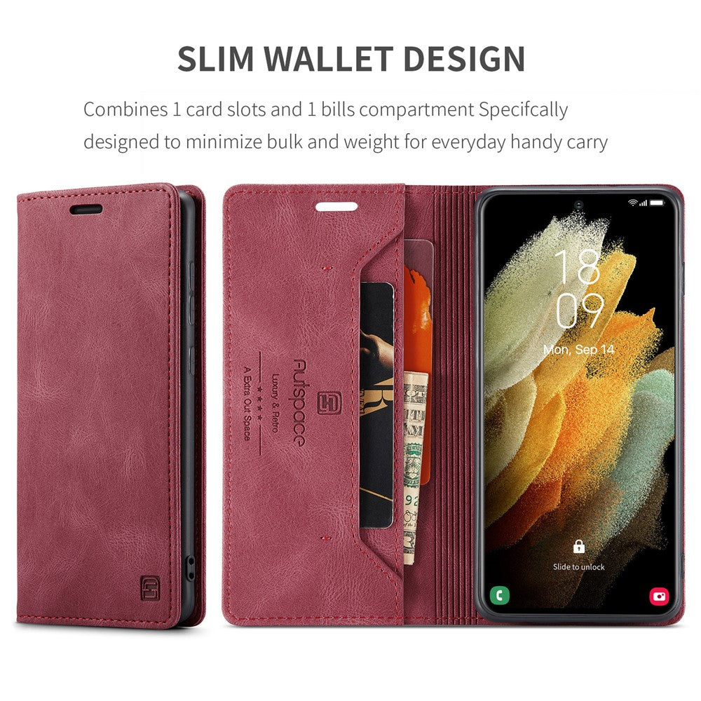 AUTSPACE A01 Series for Samsung Galaxy S21 Ultra 5G Leather Case Wallet RFID Blocking Cover