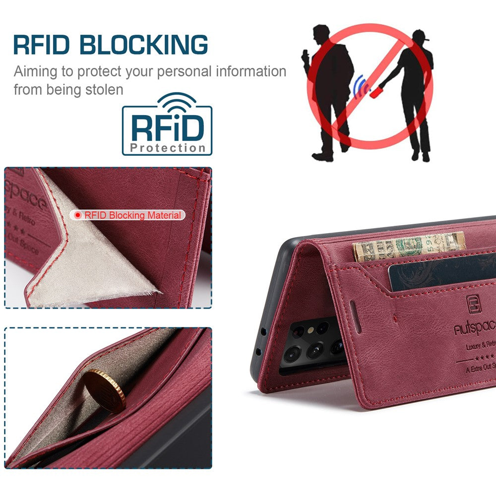AUTSPACE A01 Series for Samsung Galaxy S21 Ultra 5G Leather Case Wallet RFID Blocking Cover