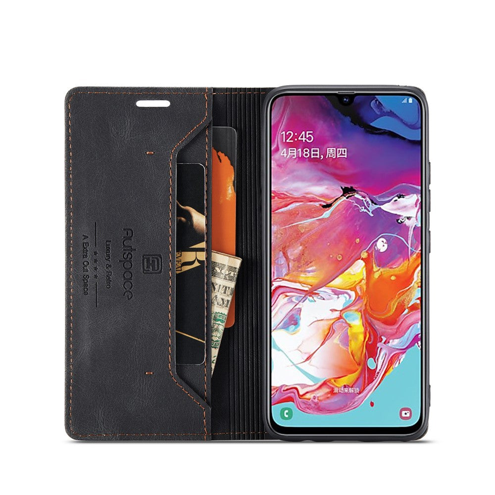 AUTSPACE A01 Series RFID Blokerende Retro Mat Læder Etui Pung til Samsung Galaxy A70