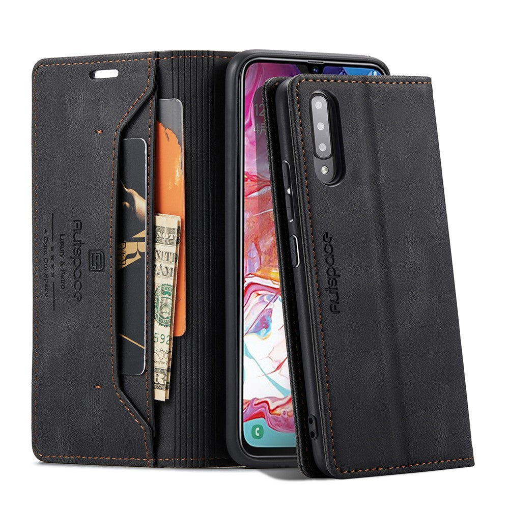 AUTSPACE A01 Series RFID Blokerende Retro Mat Læder Etui Pung til Samsung Galaxy A70