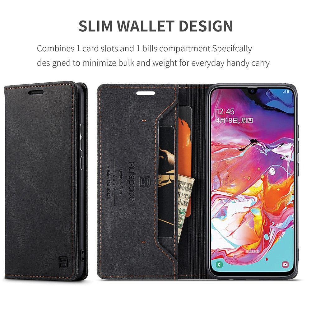 AUTSPACE A01 Series RFID Blokerende Retro Mat Læder Etui Pung til Samsung Galaxy A70