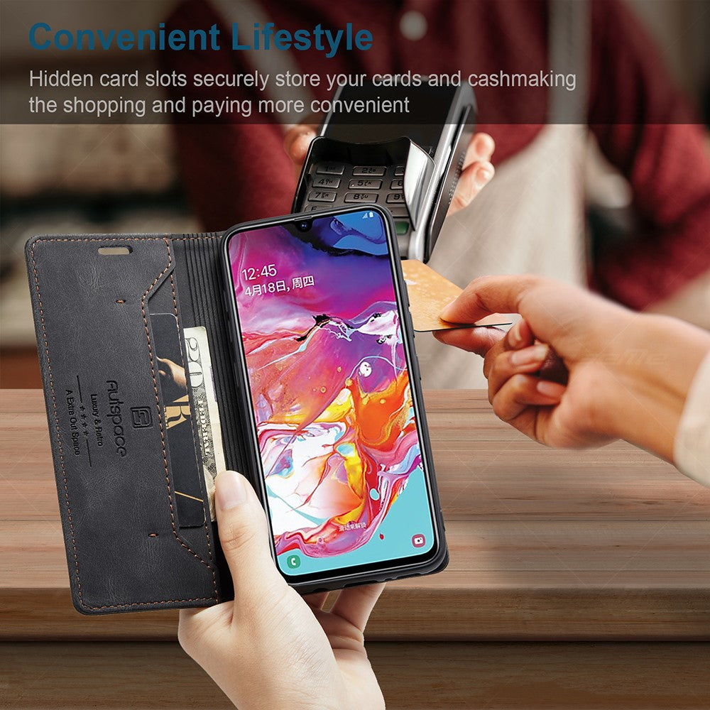 AUTSPACE A01 Series RFID Blokerende Retro Mat Læder Etui Pung til Samsung Galaxy A70