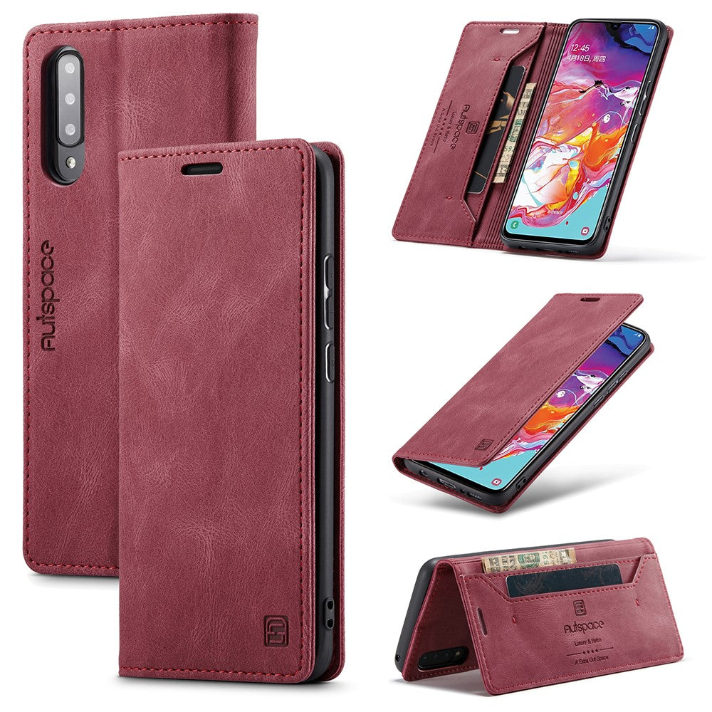 AUTSPACE A01-serien RFID-blockerande retro matt läderfodral plånbok för Samsung Galaxy A70