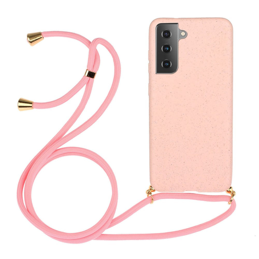 For Samsung Galaxy S21+ 5G Natural Eco-Friendly Design Wheat Straw Soft TPU Phone Case with Long Strap