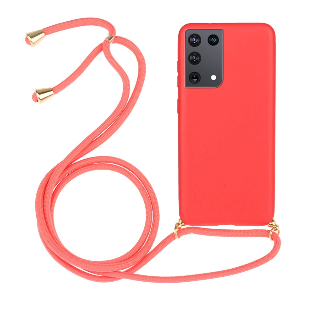 For Samsung Galaxy S21 Ultra 5G Back Case Wheat Straw + TPU Shockproof Phone Cover with Adjustable Lanyard