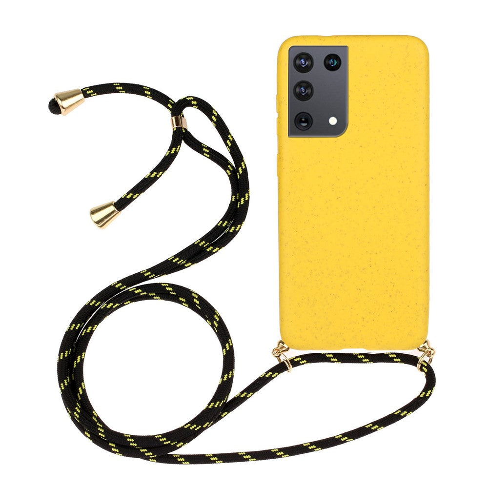 For Samsung Galaxy S21 Ultra 5G Back Case Wheat Straw + TPU Shockproof Phone Cover with Adjustable Lanyard