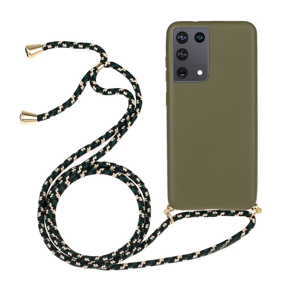 For Samsung Galaxy S21 Ultra 5G Back Case Wheat Straw + TPU Shockproof Phone Cover with Adjustable Lanyard