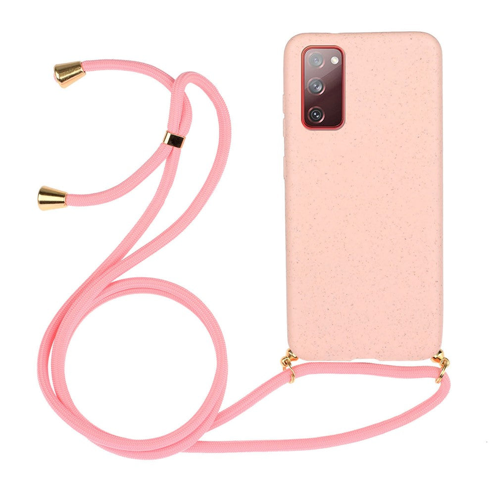 For Samsung Galaxy S20 FE 4G / FE 5G / S20 Lite / S20 FE 2022  Back Case Wheat Straw + TPU Shockproof Phone Cover with Adjustable Lanyard
