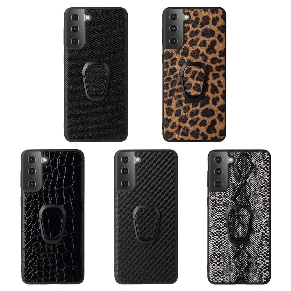 Phone Cover Shell Coated with PU Leather + Ring-Shape Kickstand Design for Samsung Galaxy S21 Plus 5G