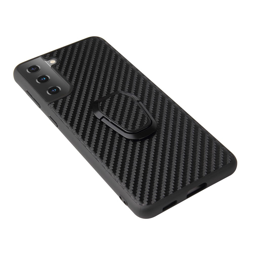 Phone Cover Shell Coated with PU Leather + Ring-Shape Kickstand Design for Samsung Galaxy S21 Plus 5G