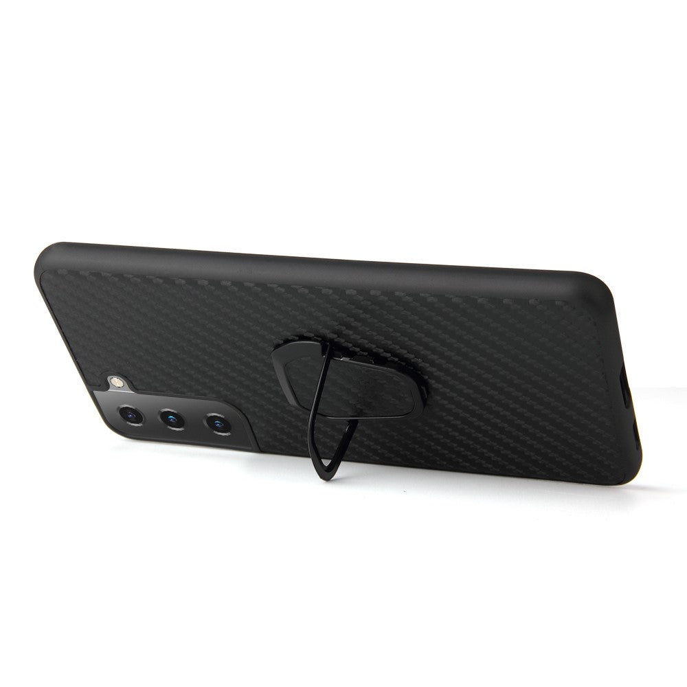 Phone Cover Shell Coated with PU Leather + Ring-Shape Kickstand Design for Samsung Galaxy S21 Plus 5G