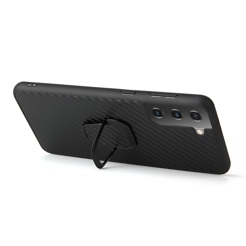 Phone Cover Shell Coated with PU Leather + Ring-Shape Kickstand Design for Samsung Galaxy S21 Plus 5G