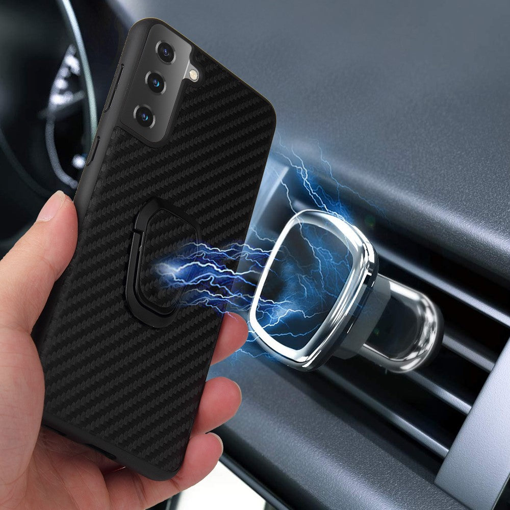 Phone Cover Shell Coated with PU Leather + Ring-Shape Kickstand Design for Samsung Galaxy S21 Plus 5G