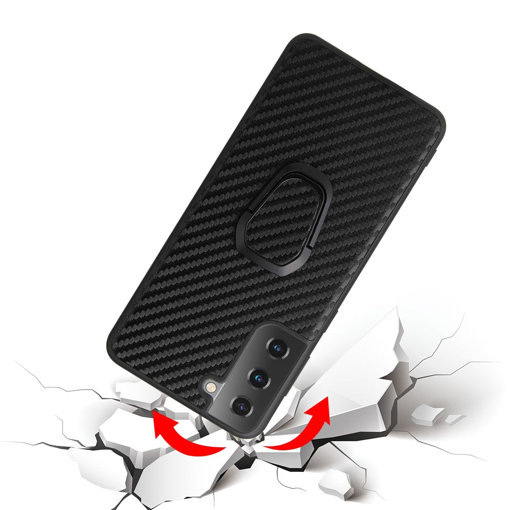 Phone Cover Shell Coated with PU Leather + Ring-Shape Kickstand Design for Samsung Galaxy S21 Plus 5G