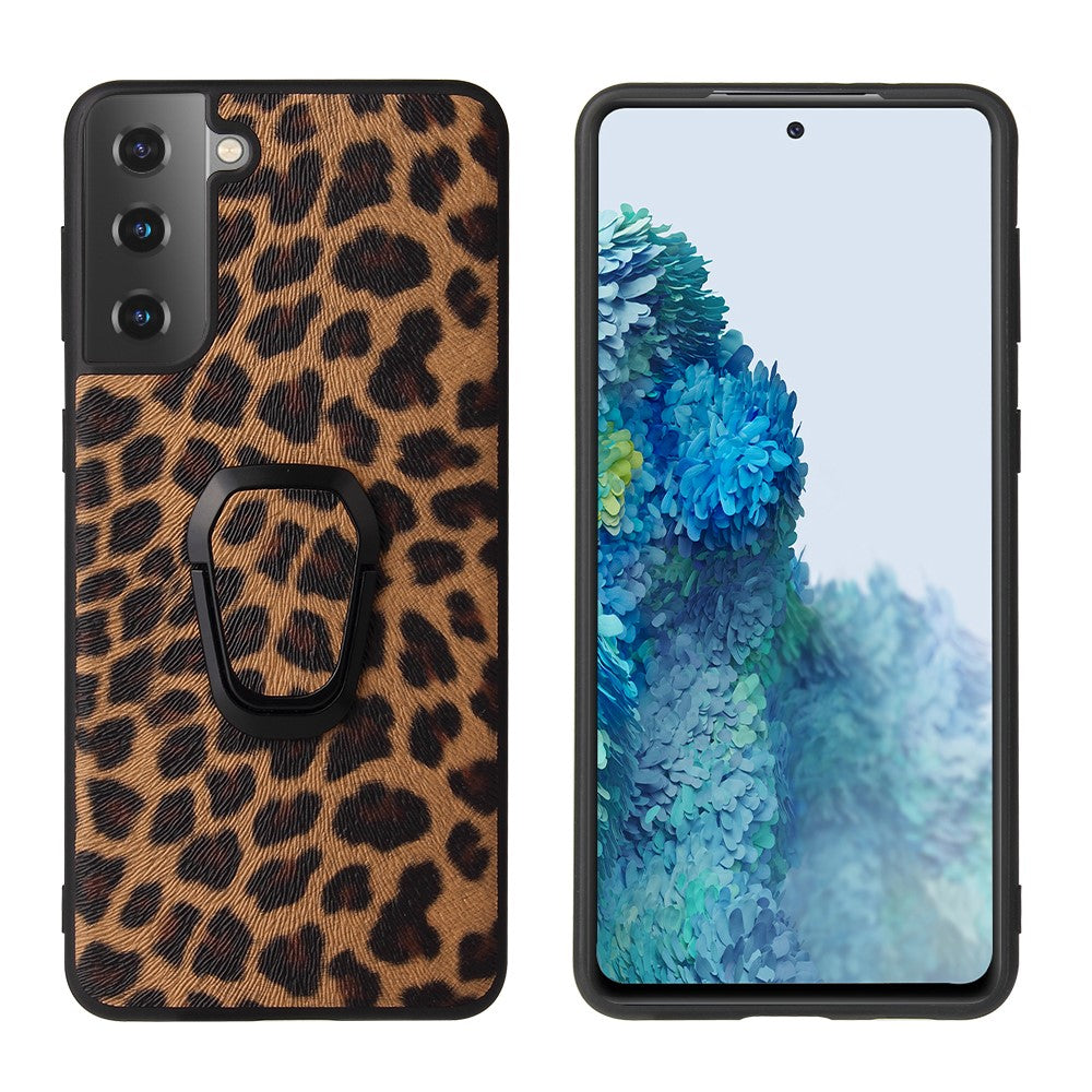 Phone Cover Shell Coated with PU Leather + Ring-Shape Kickstand Design for Samsung Galaxy S21 Plus 5G