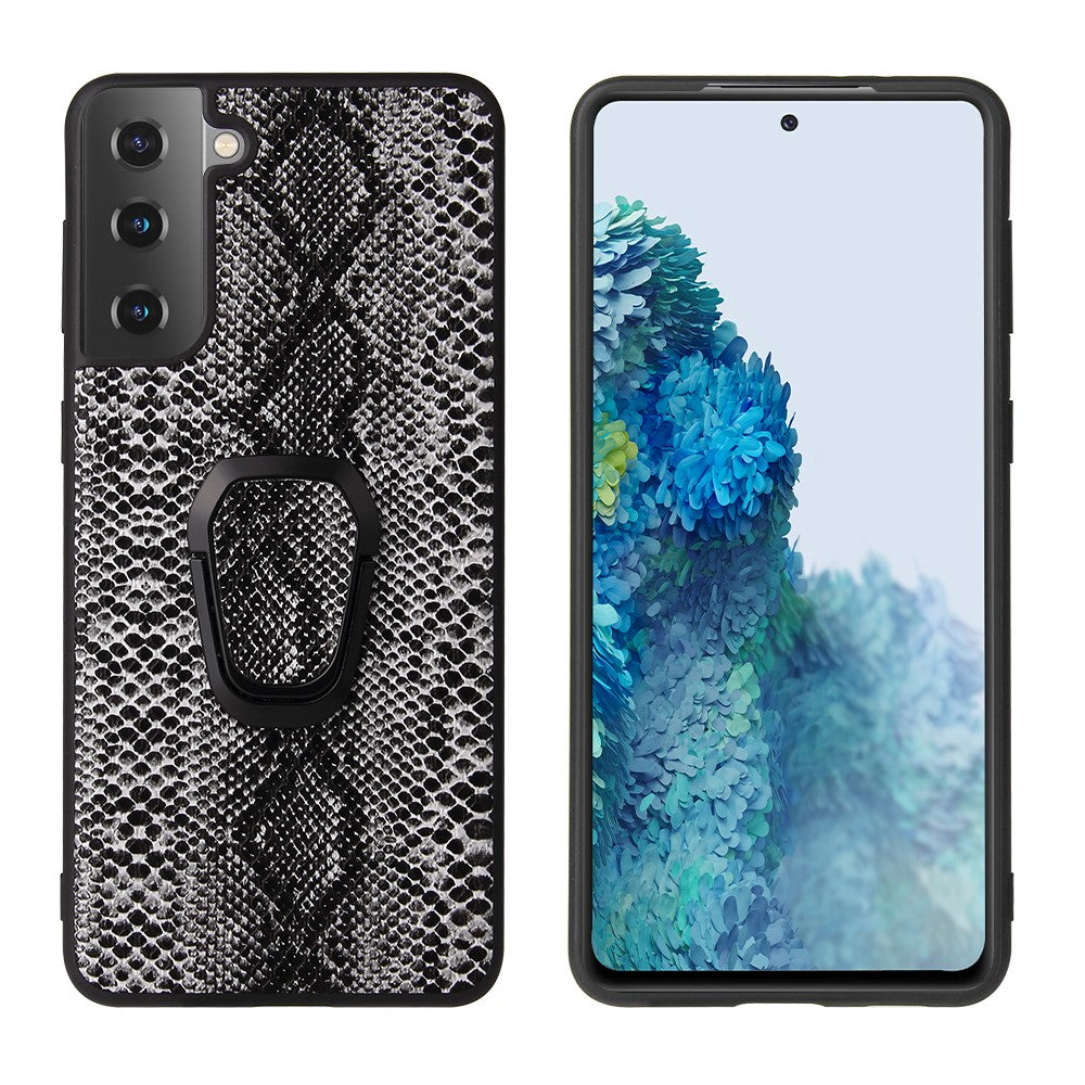Phone Cover Shell Coated with PU Leather + Ring-Shape Kickstand Design for Samsung Galaxy S21 Plus 5G