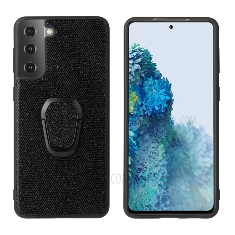 Phone Cover Shell Coated with PU Leather + Ring-Shape Kickstand Design for Samsung Galaxy S21 Plus 5G