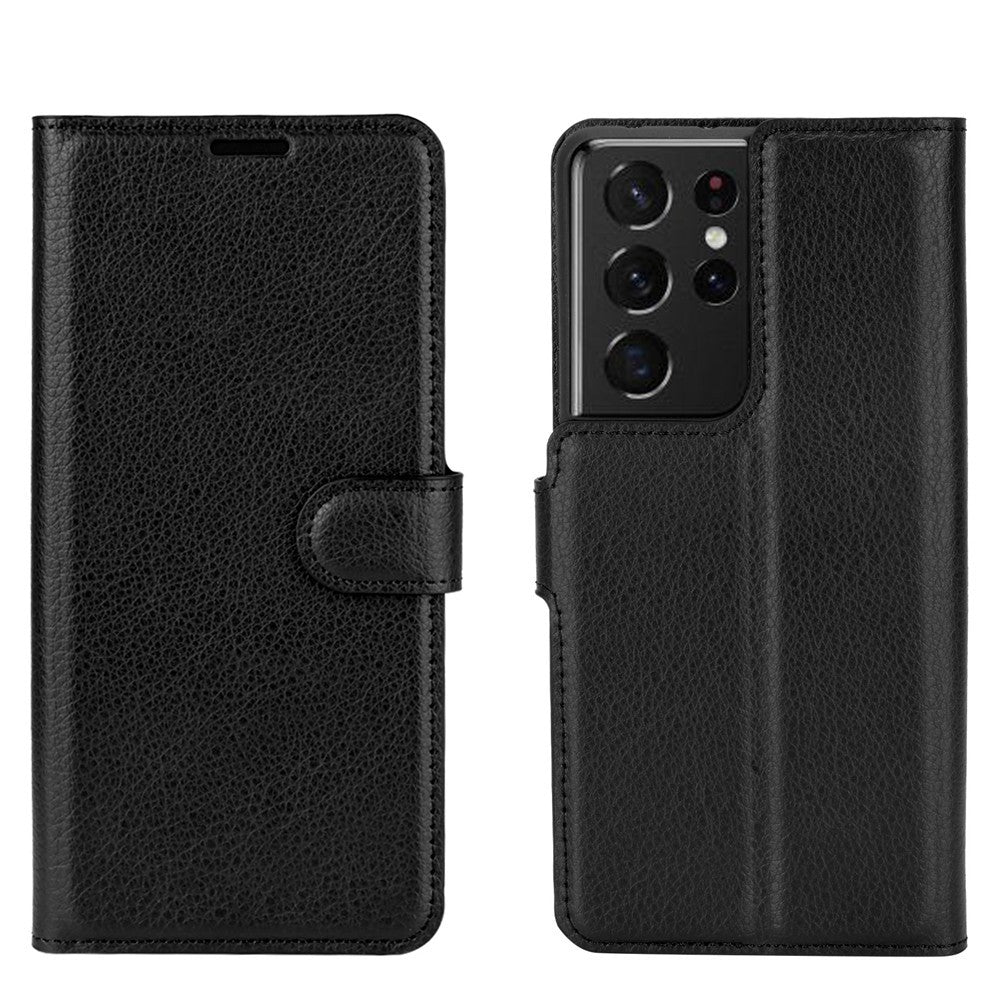 Litchi Texture Leather Phone Protective Cover with Wallet Stand Design for Samsung Galaxy S21 Ultra 5G