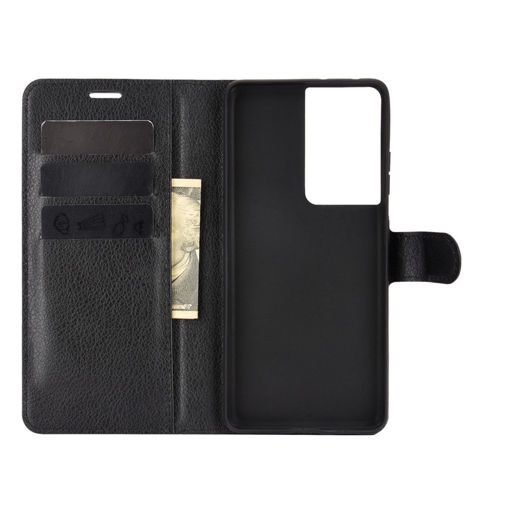Litchi Texture Leather Phone Protective Cover with Wallet Stand Design for Samsung Galaxy S21 Ultra 5G