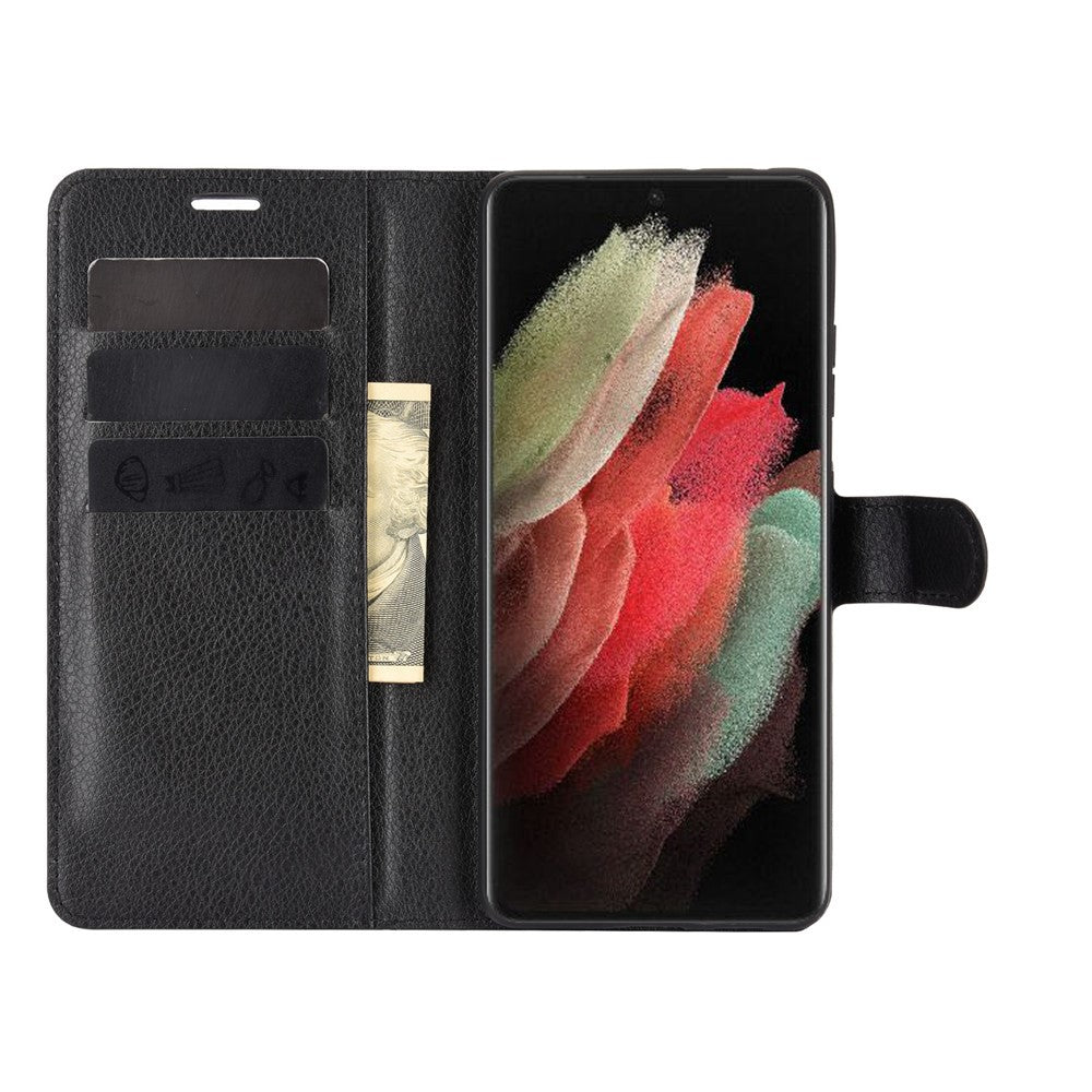 Litchi Texture Leather Phone Protective Cover with Wallet Stand Design for Samsung Galaxy S21 Ultra 5G