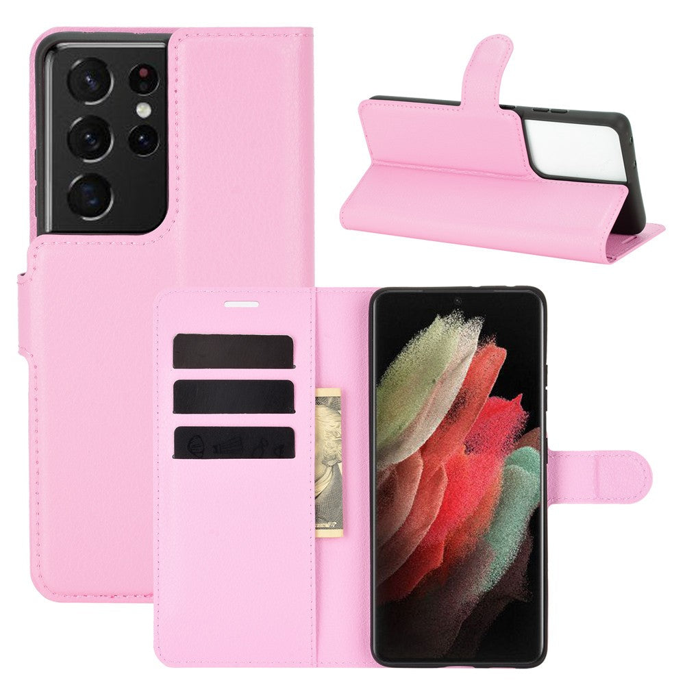 Litchi Texture Leather Phone Protective Cover with Wallet Stand Design for Samsung Galaxy S21 Ultra 5G