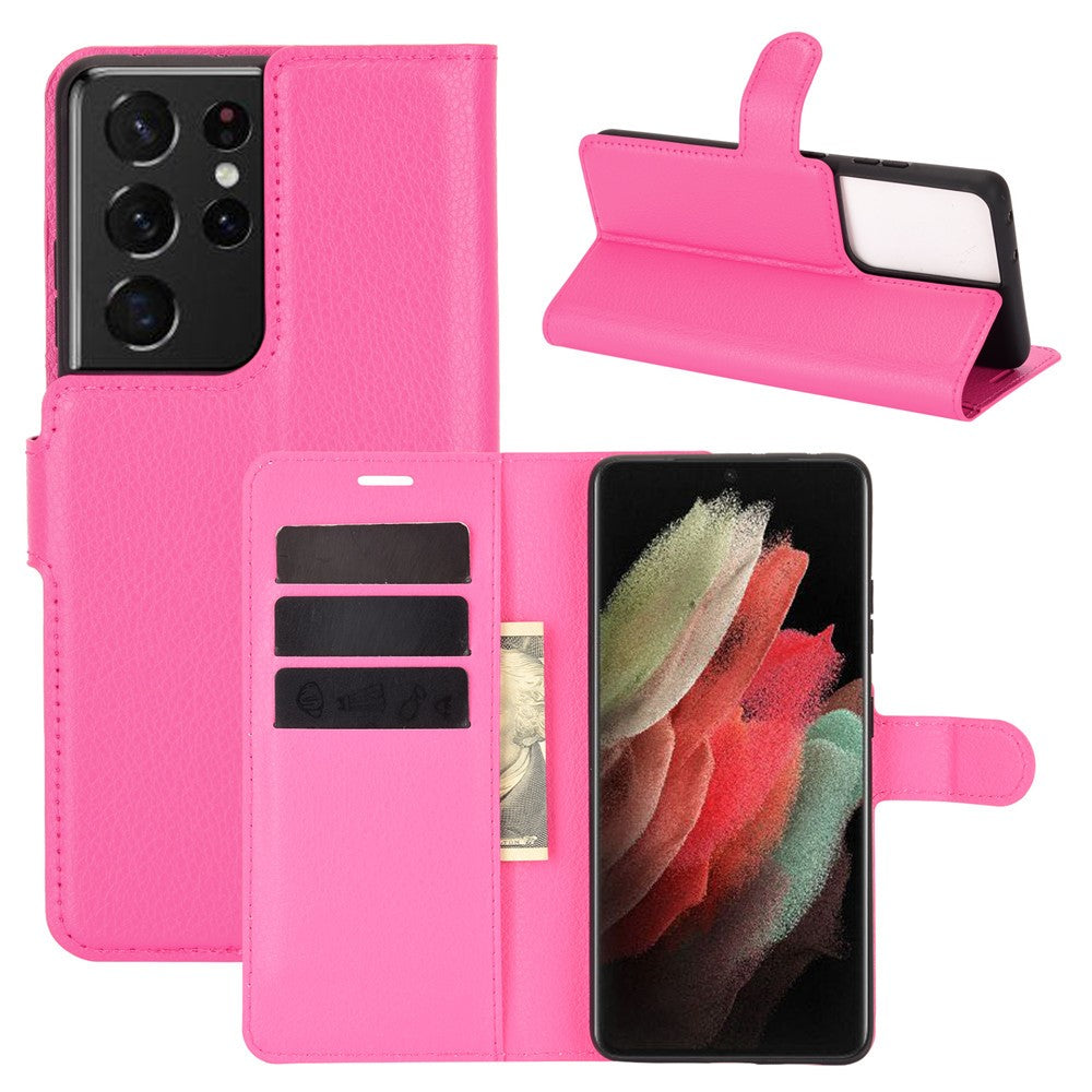 Litchi Texture Leather Phone Protective Cover with Wallet Stand Design for Samsung Galaxy S21 Ultra 5G