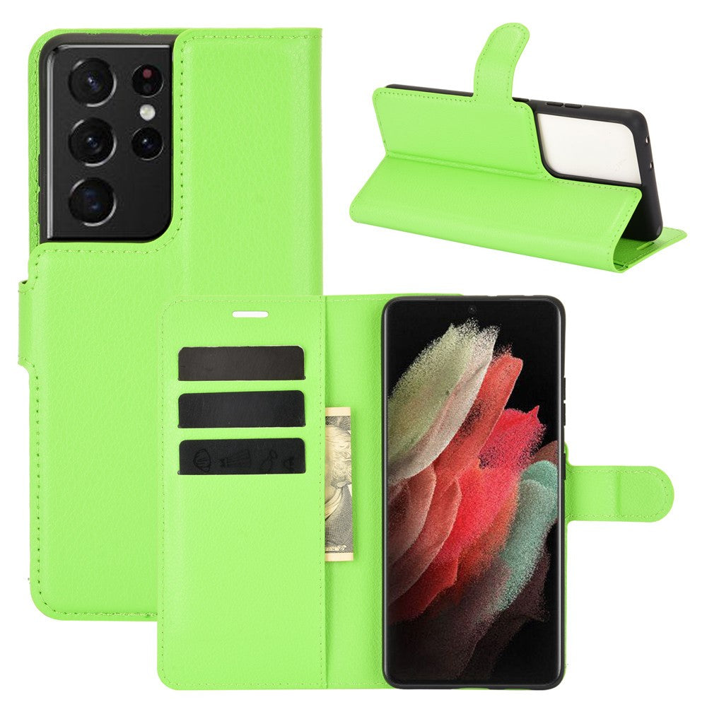 Litchi Texture Leather Phone Protective Cover with Wallet Stand Design for Samsung Galaxy S21 Ultra 5G