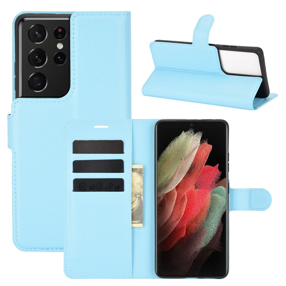Litchi Texture Leather Phone Protective Cover with Wallet Stand Design for Samsung Galaxy S21 Ultra 5G