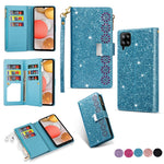 Glittery Starry Style Lasergraveret Lynlås Læder Smartphone Cover til Samsung Galaxy A42 5G