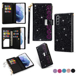 Glitrende stjerneklart lædercover med laserskæring og lynlås til Samsung Galaxy S21 4G/5G