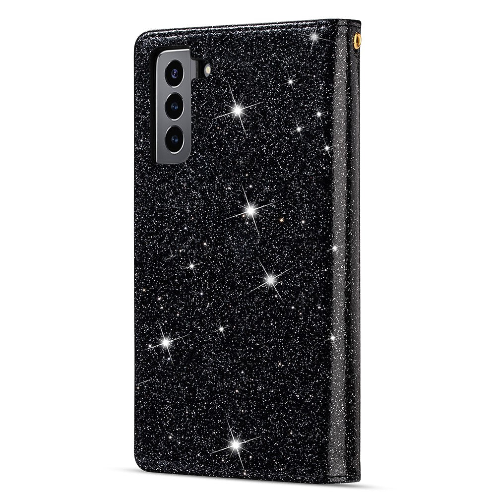 Glitrende stjerneklart lædercover med laserskæring og lynlås til Samsung Galaxy S21 4G/5G