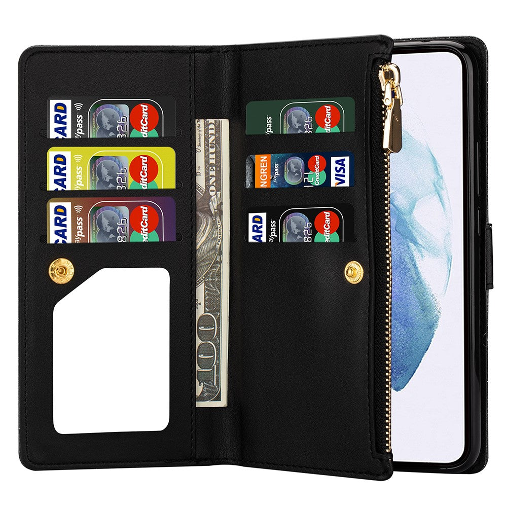 Glitrende stjerneklart lædercover med laserskæring og lynlås til Samsung Galaxy S21 4G/5G