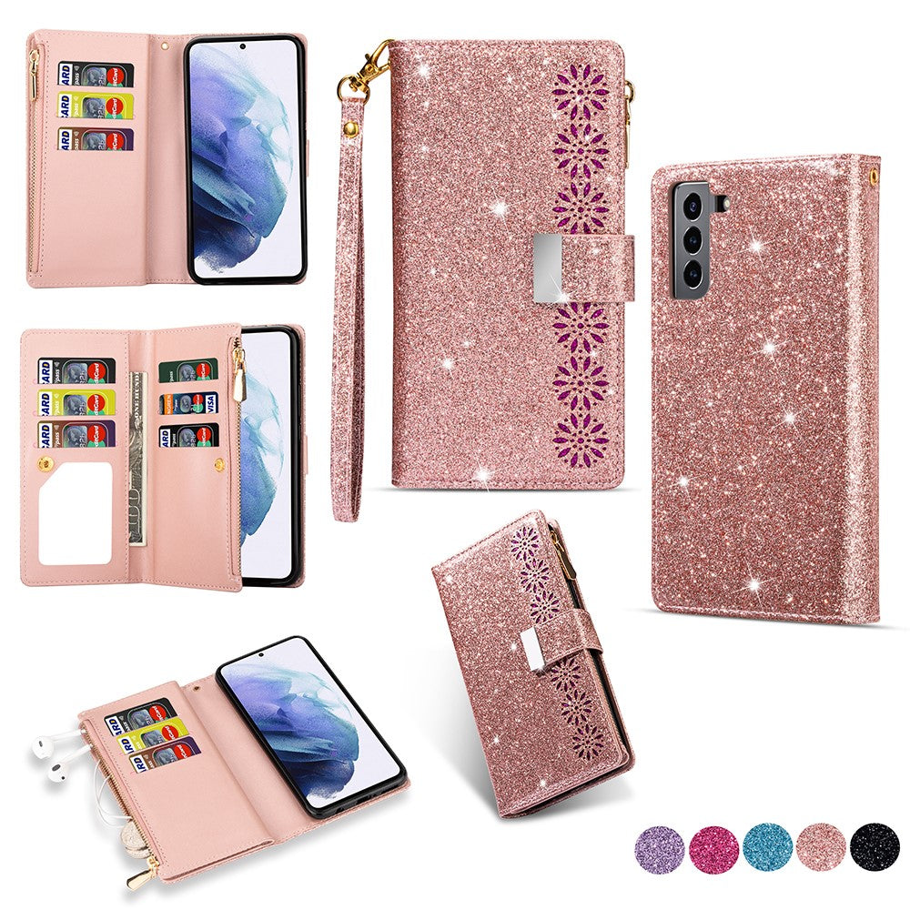 Glitrende stjerneklart lædercover med laserskæring og lynlås til Samsung Galaxy S21 4G/5G