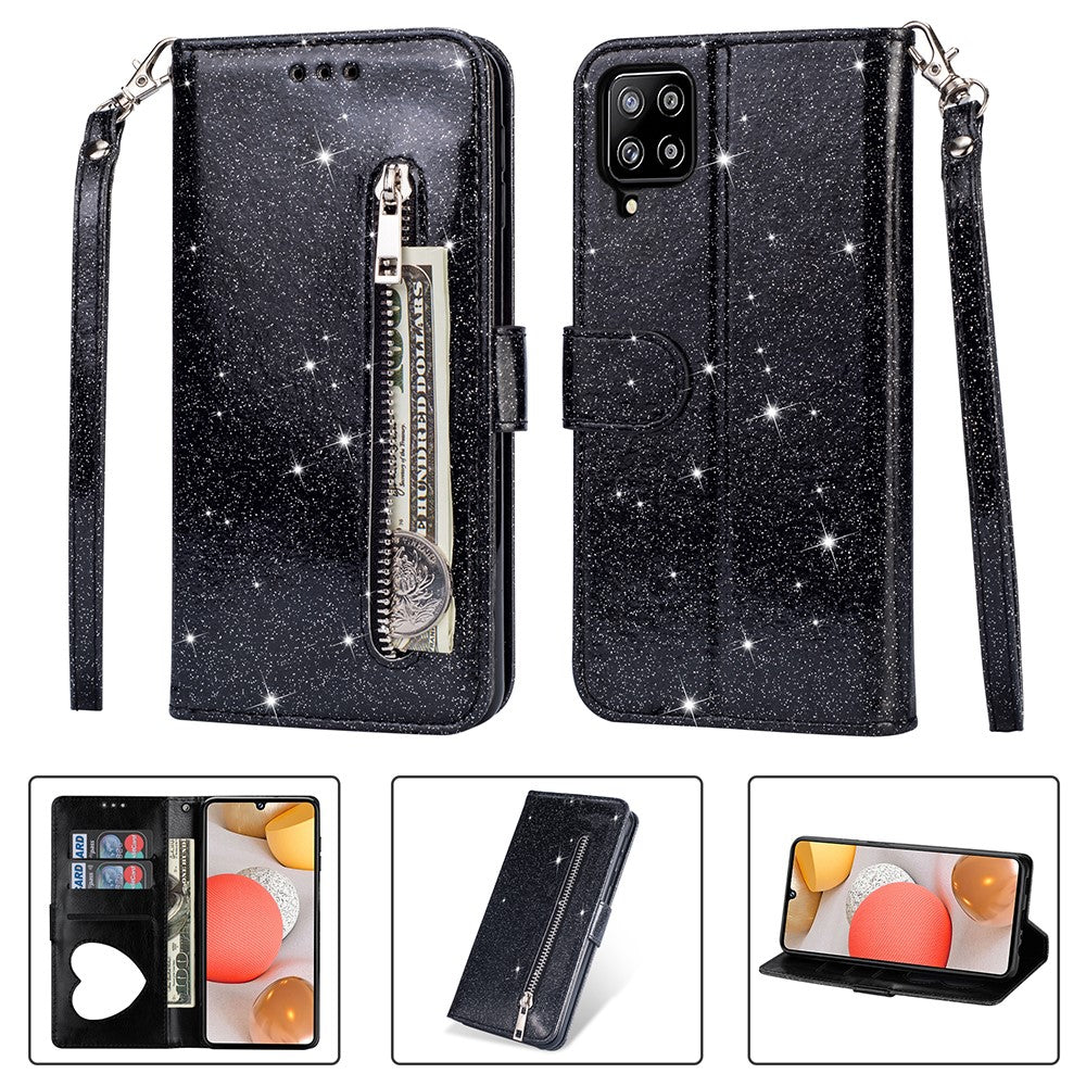 Flash Powder Zipper Fick Plånbok Flip Lädermobilskal med Rem till Samsung Galaxy A12