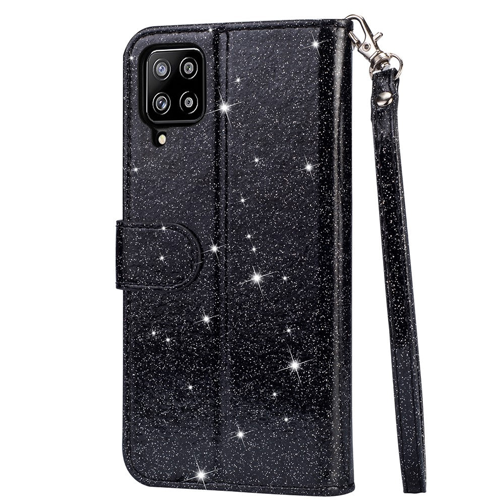 Flash Powder Zipper Fick Plånbok Flip Lädermobilskal med Rem till Samsung Galaxy A12