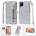 Flash Powder Zipper Fick Plånbok Flip Lädermobilskal med Rem till Samsung Galaxy A12