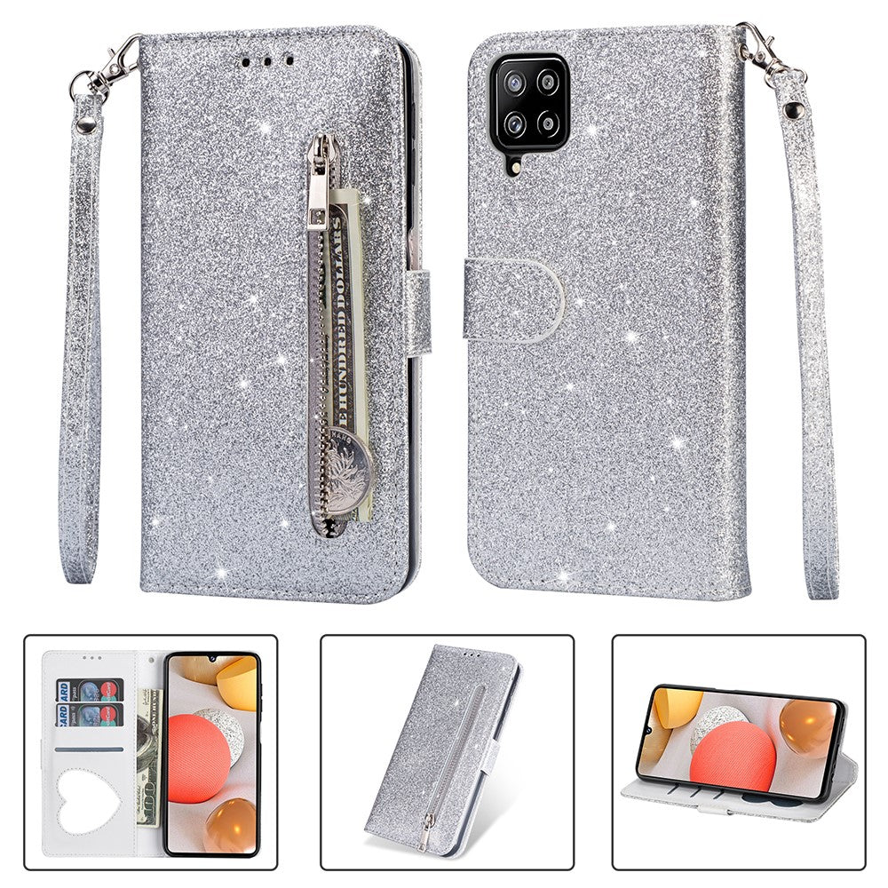 Flash Powder Zipper Fick Plånbok Flip Lädermobilskal med Rem till Samsung Galaxy A12
