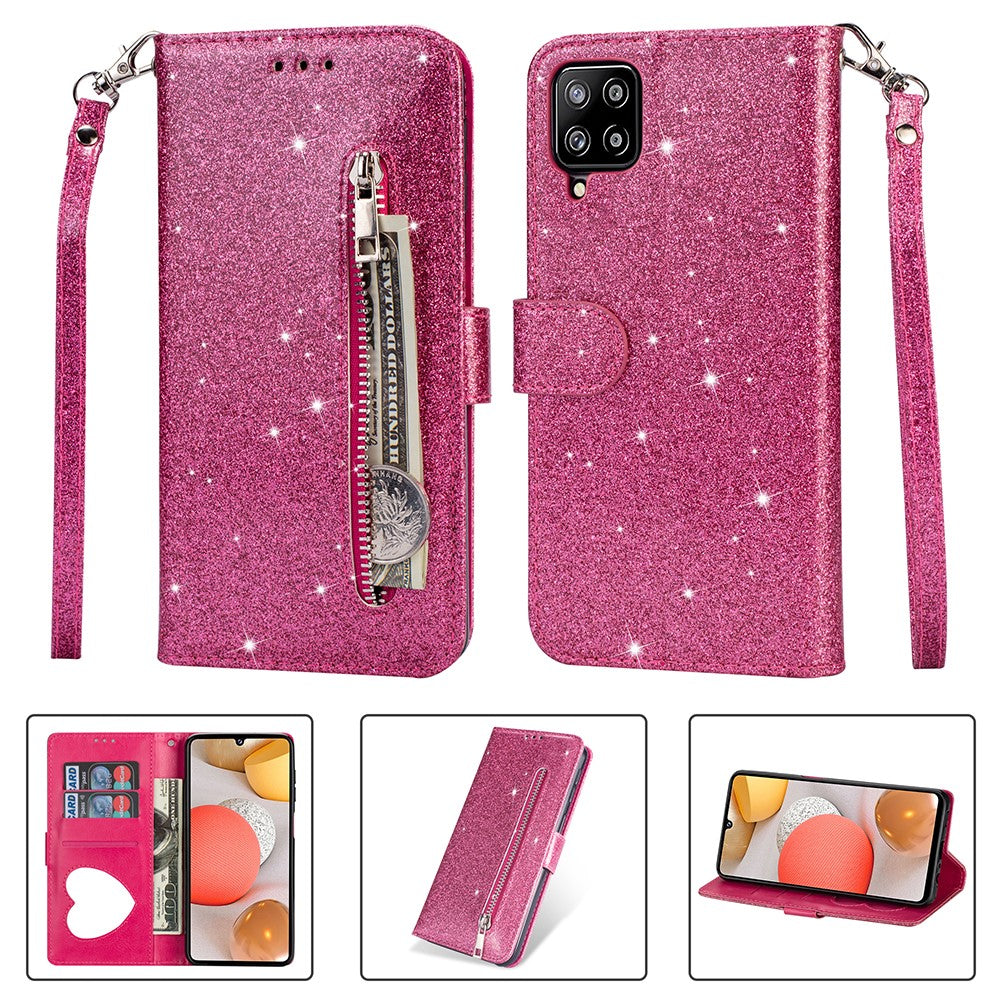 Flash Powder Zipper Fick Plånbok Flip Lädermobilskal med Rem till Samsung Galaxy A12