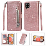 Flash Powder Zipper Fick Plånbok Flip Lädermobilskal med Rem till Samsung Galaxy A12